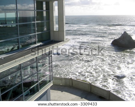 Glass restaurant, Cliff House in San Francisco, California on Ocean Beach, Seal Rock & the Pacific.