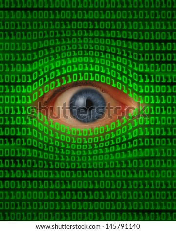 Eye peeking through green binary code