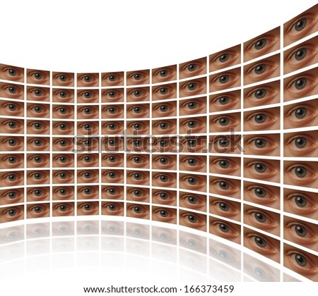 Curved wall of video screens with eyes White background