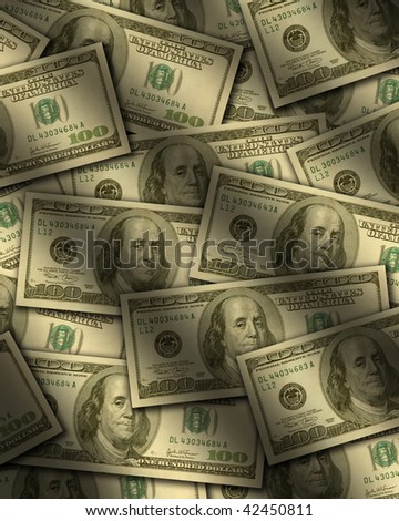 One hundred dollar bills lying flat, with window light raking across. Vertical
