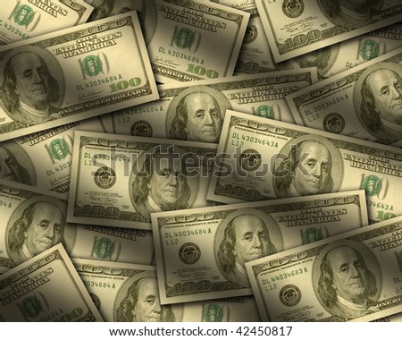One hundred dollar bills lying flat, with window light raking across. Vertical
