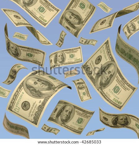 Hundred-dollar bills floating against a blue sky.