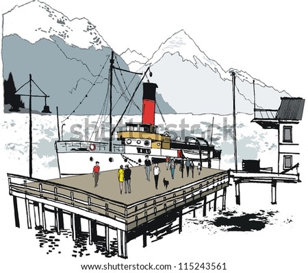 Vector illustration of historic steamship at wharf, Queenstown, New Zealand