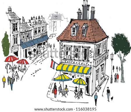 Vector Illustration Of Small French Village With Cafes And People ...