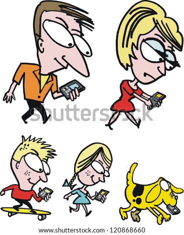 Vector cartoon of family with mobile phone communication.