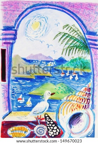 Illustration of beach scene with yachts from resort balcony.