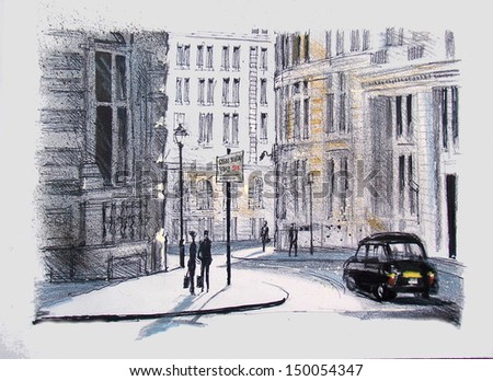 Illustration of old buildings, pedestrians and London taxi, Whitehall, London