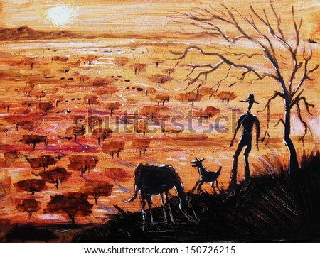 Illustration of farmer with dog and horse, at sunset in the Australian outback. The landscape is arid, and the vegetation sparse.