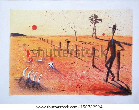Illustration of farmer in outback Australia leaning against fence in scorching heatwave. The arid, dry landscape is littered with bones of cattle that have perished.