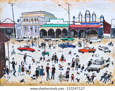 Illustration of main street of Australian outback town with buildings and people.