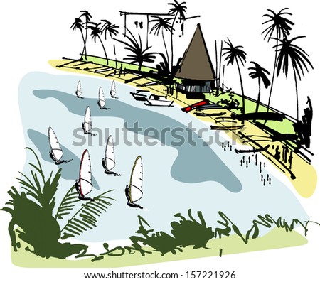 Vector illustration of windsurfers at tropical Anse Vata beach, Noumea, New Caledonia