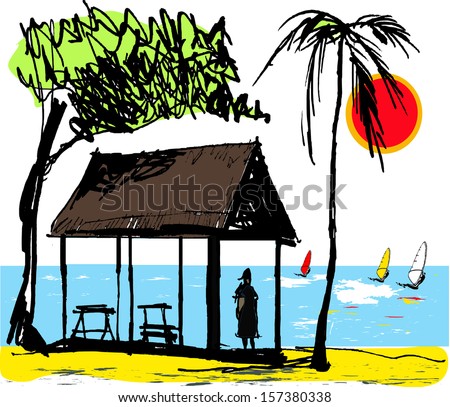 Vector illustration of thatched hut shelter and palm tree, New Caledonia