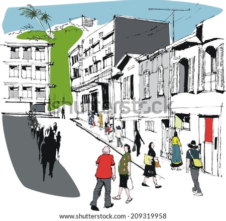 Vector illustration of buildings and pedestrians in Noumea, New Caledonia. Noumea is a tropical city in the South Pacific, and is a French possession.  Old buildings, hilly streets and palm trees. 