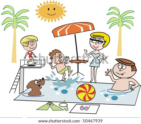 Cartoon of family group enjoying outdoor recreation in swimming pool.