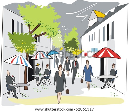 Illustration Of French Cafe Street Scene With Outdoor Tables ...