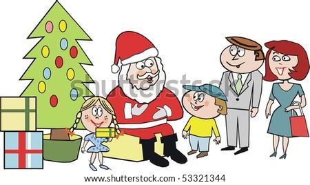 Cartoon Of Santa Claus With Children, Christmas Presents And Parents ...