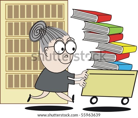 Cartoon Of Happy Librarian Running With Trolley Of Books. Stock Photo ...