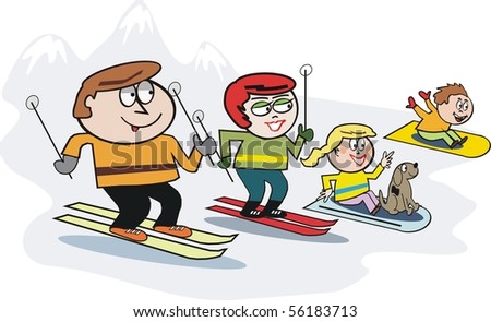 Vector Cartoon Of Happy Family Skiing On Mountain Slope. - 56183713 ...