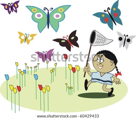 Vector Cartoon Of African American Girl Chasing Butterflies With Net ...