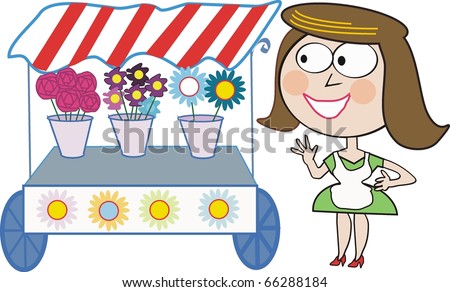 Vector Cartoon Of Smiling Woman With Flower Stall. - 66288184 ...