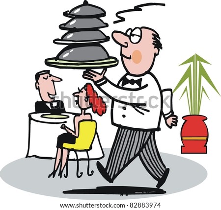 Vector cartoon of waiter carrying food dishes