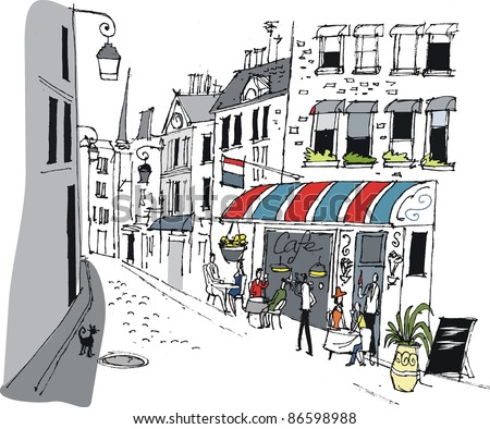 Vector Illustration Of French Cafe With People Eating And Drinking ...