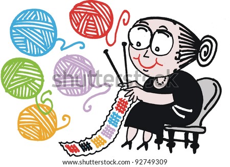 Vector Cartoon Of Grandmother Knitting With Different Balls Of Wool ...