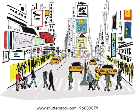 Vector illustration of pedestrians crossing road at Times Square, New York
