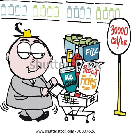 Vector Cartoon Of Overweight Man Buying Food In Supermarket - 98337626 ...