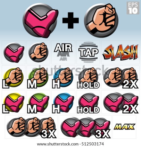Arcade Video Game Fighting Style Icons, Kick, Punch And Slash Moves