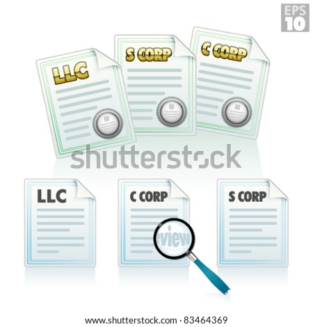 Articles of incorporation, LLC, S-corp, C-corp certificates and documents, magnifying glass for review