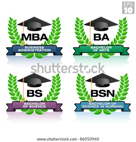 Degrees in education with wreath and graduation hat, including MBA, BA, BS, BSN