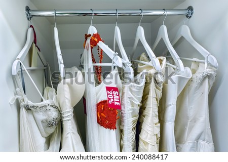 Sale collection of wedding dresses in the shop at discount