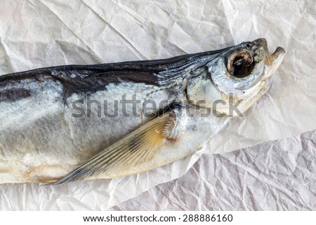 Dried river fish sabrefish on old paper closeup