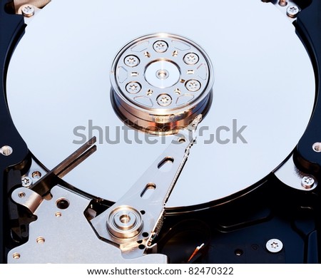 Closeup and macro view of hard drive inside