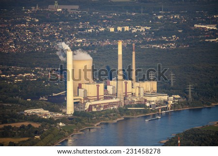 Rhine River with coal-fired Power Station in the Lower Rhine Region of Germany - Voerde, North Rhine-Westfalia, Germany, Europe