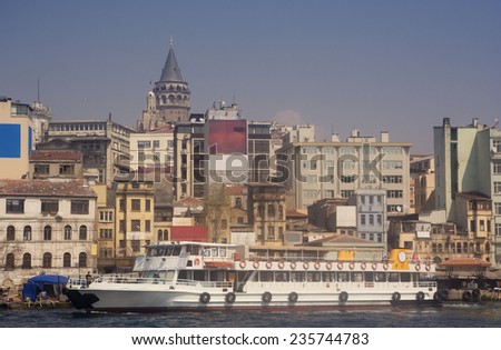 Bosphorus Ferry in Istanbul - In front of Galata Tower and Karakoy Waterfront - Istanbul, Turkey, Europe