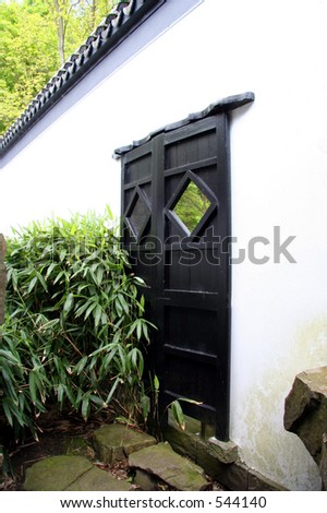 Black Door in a Wall around a chinese garden