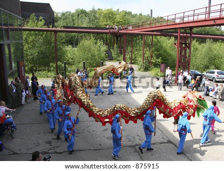 dragon-dance -  performance in the ruins of an old coal mine - chinese new year