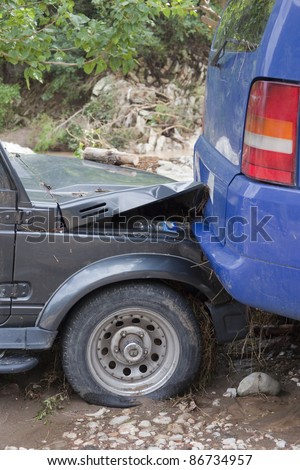 OLYMPOS, TURKEY - OCTOBER 14: Rear end collision of two cars after flood disaster on October 14, 2009 in Olympos, Turkey, Asia. The floods swept away about 50 cars.