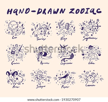 Set of hand drawn vector zodiac signs.Cute astrological illustration.  zodiac sign cute whimsical flat astrological art illustration