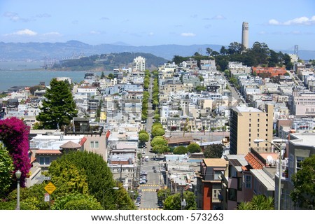 View from top of Montclair Street in San Francisco California.  View is looking down into city and Bay area.
