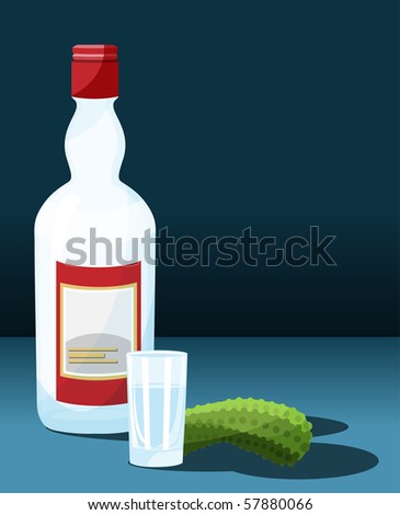 Bottle of vodka and cucumber