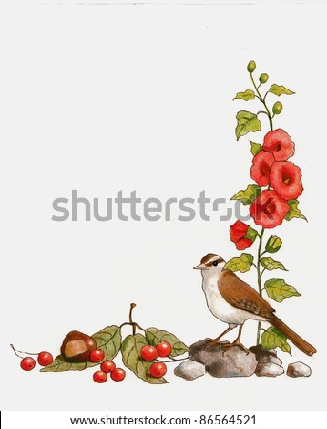 Hand-Drawn Half Border: Birds, Flowers, Berries, Buckeye