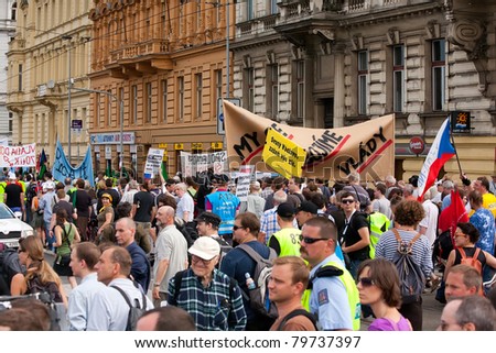 PRAGUE, CZECH REPUBLIC - JUNE 16: Transport union strike march in the center of Czech capital Prague on June 16, 2011.