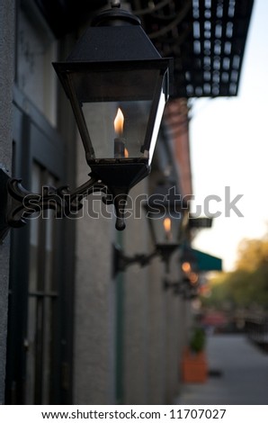 Gas lamps on River Street in Savannah Georgia