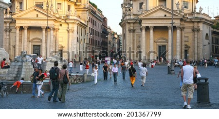 ITALY, ROME - JUNE 27, 2008: Evening summer view famous square Piazza del Popolo, means People\'s Square. Square has famous twin churches, obelisk, fountain and connects with Park Villa Borghese.