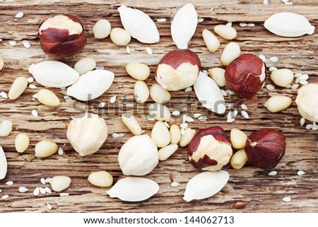 pine nuts, hazelnuts, pumpkin semyachki on the table