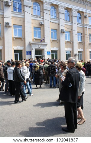 MARIUPOL, UKRAINE - May 11 2014: The queue at the polling station on the day of the referendum May 11, 2014 for the sovereignty of the People\'s Republic of Donetsk.