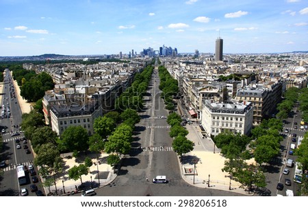 France. Paris. Aerial view of the Avenue of the Great Army and the modern district of La Defense.